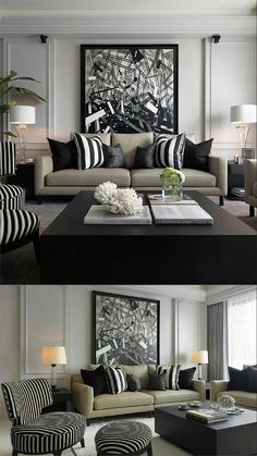 two pictures of a living room with black and white furniture in the same color scheme