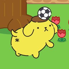 a cartoon cat with a soccer ball on its head and tulips in the background