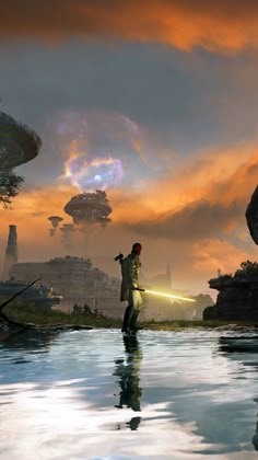 a man standing on top of a body of water next to a giant alien ship