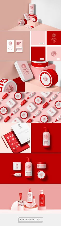 the red and white packaging design is displayed in three different positions, including one for each product