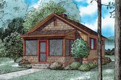 this is an artist's rendering of a small cabin style house in the woods