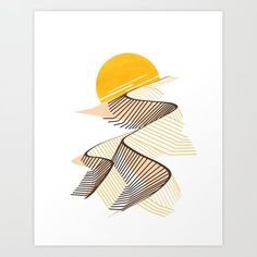 an art print with abstract lines and the sun in the background