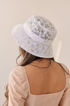 Our Daisy Mesh Bucket Hat is patterned throughout with an adorable floral embroidery pattern and gold threading. It has adjustable ties to size to each head. No lining. Bucket hat has wiring detail made to fix the look of the brim. Fashion Classroom, Bucket Hat Aesthetic, Cottagecore Hat, Cute Bucket Hats, Flower Bucket Hat, Bucket Hat Outfit, Flower Crew, Free Embroidery Patterns, Bucket Hat Design