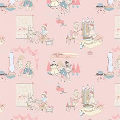 a pink wallpaper with cartoon animals and people in the room, all dressed up