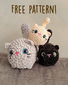 three crocheted cats sitting next to each other on a couch with the caption free pattern