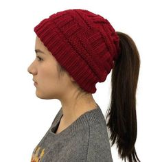 Warm Ponytail Cap - Rulesfitness Crochet Messy Bun, Woolen Cap, Ponytail Beanie, Boho Crystal, Beanie Style, Winter Cap, Winter Hats Beanie, Women's Beanie, Solid Red