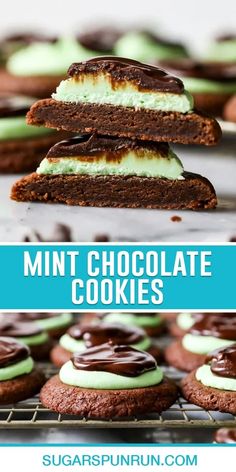 mint chocolate cookies are stacked on top of each other