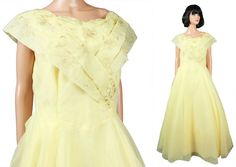 40s 50s Dress XL Vintage Long Yellow Chiffon Gold by HepCatClothes, $575.00 Yellow A-line Vintage Dress, Vintage Yellow Floor-length Dress, Yellow A-line Chiffon Dress, 70’s Yellow Wedding Dress, 50s Prom Dresses, Yellow Sleeveless 1950s Dress, 50s Prom, Gold Embroidery, Sheer Chiffon