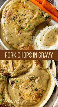 pork chops in gravy with carrots and mashed potatoes