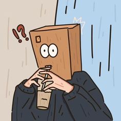 a person with a box on their head is holding a coffee cup in front of his face