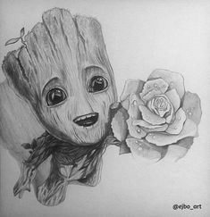 a pencil drawing of a baby groote and a rose