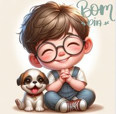 a little boy with glasses sitting next to a small dog