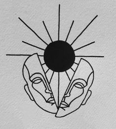 a black and white drawing of a person's face with the sun behind it