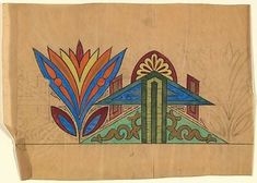 an old piece of paper with colorful designs on the bottom and sides, including a house