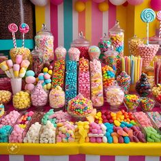 the candy table is full of colorful candies and lollipops