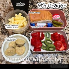 an assortment of food items displayed in plastic containers on granite counter top with text overlay that reads, 9 th grader