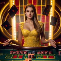 a woman in a yellow dress standing at a casino table with cards above her head