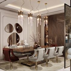 an elegant dining room with modern chairs and chandelier