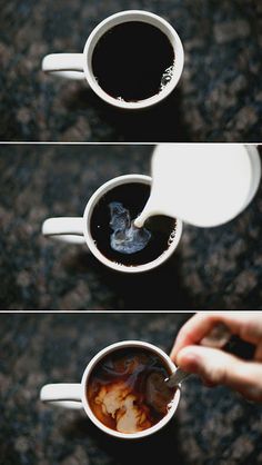 three pictures of coffee being poured into two mugs with the same liquid in them