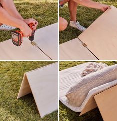 the process of making a bed frame out of plywood and wood planks is shown