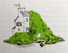 a drawing of a house on top of a small island with a boat in the water