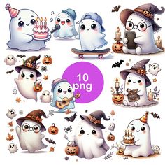 a group of ghost characters with pumpkins and bats