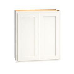 a white cabinet with two doors and a wooden top