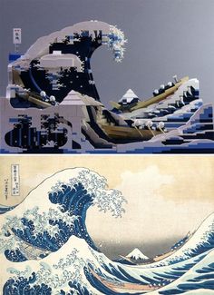 two pictures with the same wave in different colors and sizes, one is made out of legos