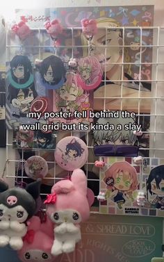 there are many stuffed animals on display in the store with caption that reads, my poster fell behind the wall girl but its kinda a stay