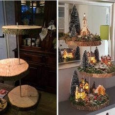 three different views of christmas decorations on display