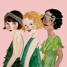 three women in green dresses are standing next to each other and one is wearing a hat