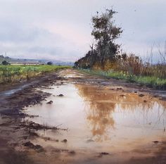 an oil painting of a muddy road with trees in the distance and water puddles on the ground