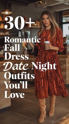 Fall Date Outfits Women, Autumn Dinner Outfit, Fall Dress Ideas, Dinner Date Night Outfit, Dress Date Night Outfit, Trendy Date Night Outfit, Date Night Fashion, Cozy Sweater Dress, Dress Date