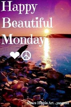 the words happy beautiful monday are written in white on a purple and pink sunset background