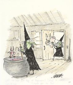 a drawing of two witches talking to each other