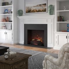 a living room filled with furniture and a fire place in the middle of the room