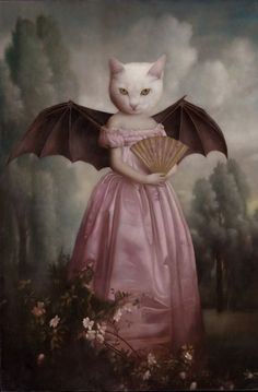 a painting of a white cat wearing a pink dress and holding a fan in her hands