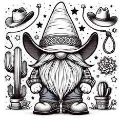 a black and white drawing of a wizard sitting in front of cacti, cactuses