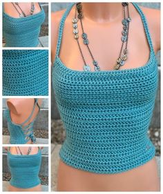 a woman wearing a blue crochet top with multiple pictures of her torso and necklaces