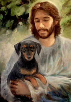 a painting of jesus holding a small dog in his lap and looking at the camera