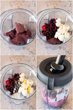 four pictures showing how to make fruit and chocolate in a blender