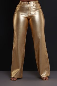 Trophy Rooms, Metallic Pants, New Pant, Festival Looks, Metallic Gold, Boutique Clothing, Wide Leg, High Rise, Spandex