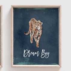 two framed pictures with the words dream boy and an image of a cheetah