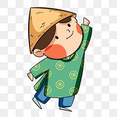 a cartoon boy wearing a hat and green shirt, with his arms in the air