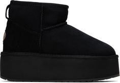 Ankle-high water-resistant double-faced sheepskin suede boots in black. · Raised seams and topstitching throughout · Pull-loop at heel tab · Logo patch at heel counter · Shearling interior · EVA foam rubber platform midsole · Treaded rubber sole · Platform: H2 Supplier color: Black Flatform Boots, Emu Australia, High Water, Stinger, Eva Foam, Emu, Suede Boots, Patch Logo, Black Boots