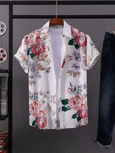 Multicolor Bohemio Collar manga corta Tela Floral Camisa Embellished No-Elástico Verano Queer Clothes, Dresses Business, Men's Summer Fashion, Shein Men, Paisley Print Shirt, Mens Outdoor Clothing, Vacation Tops, Floral Print Shirt