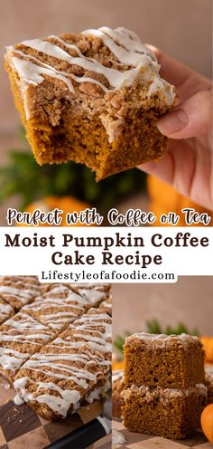 pumpkin coffee cake recipe with white icing on top and in the foreground there is a hand holding a piece of cake