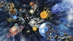 an artist's depiction of the solar system with all its planets and their satellites