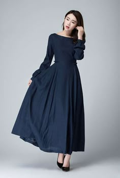 Ruffle Dress Long, Dark Blue Dress, Dress Pleated, Maxi Dress Prom, Dress Linen, Linen Maxi Dress, Maxi Robes, Fall Dress, Sleeves Dress