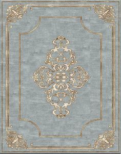 a blue rug with gold trimmings and an ornate design on the bottom corner